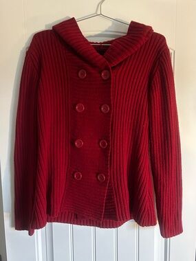 Women's Red Double-Breasted Ribbed Cardigan Sweater